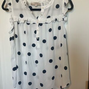 LOFT White and Navy Polka Dot Women's Top